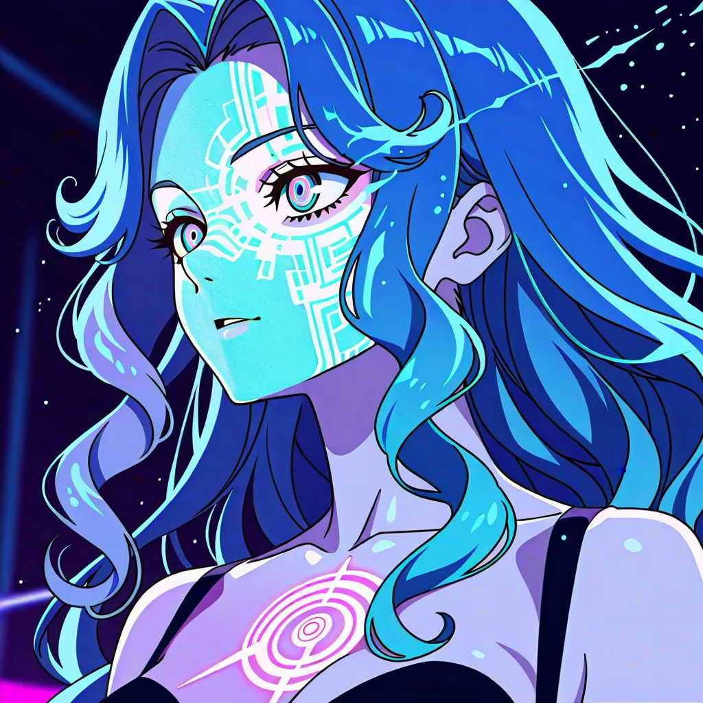 Hypnotic portrait of a seductive woman whose silhouette is outlined by electric neon energy, long wavy hair transforming into fractal spirals and aurora waves, wearing a sleek metallic crop top and high-waisted bottoms with holographic reflections, one hand lightly touching her collarbone, intense yet soft gaze, background of expanding geometric mandalas and liquid chrome, cinematic depth of field, sensual and stylish, (anime style:1.3), 2d, anime screencap, cel shading, flat color, @00osamio00