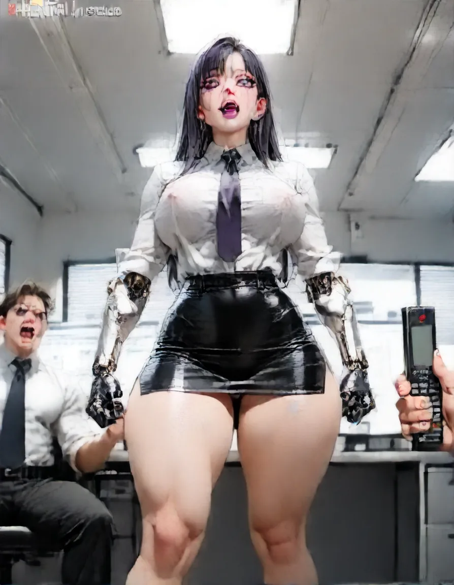 realistic, mechanical arms and legs, woman (long black hair with fringe, big_lips, purple makeup, white shirt, black leather miniskirt, huge_breasts, thick thighs, standing, purple eyes, blank_eyes, outstreatched arms_at_sides, open_mouth ), first person view, face to face, me holding a remote_control. BREAK : in a office room., hentai_studio_quality