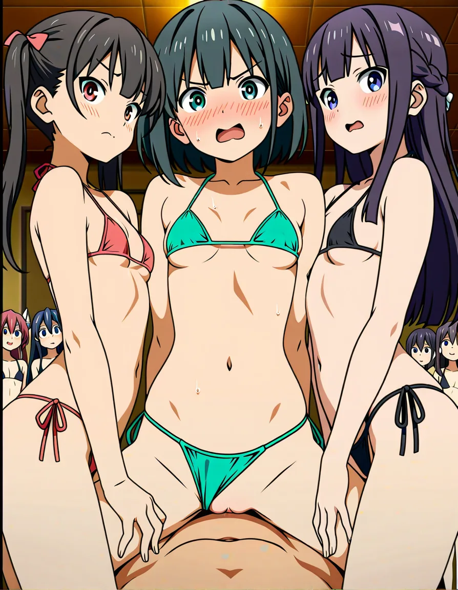 best quality, explicit detail, 5girls, tiny bikini, humping, skinny, eroge, aesthetic, blushing hentai_studio_quality, hentai_studio_quality, (anime style:1.3), 2d, anime screencap, cel shading, flat color, @00osamio00, hentai_studio_quality