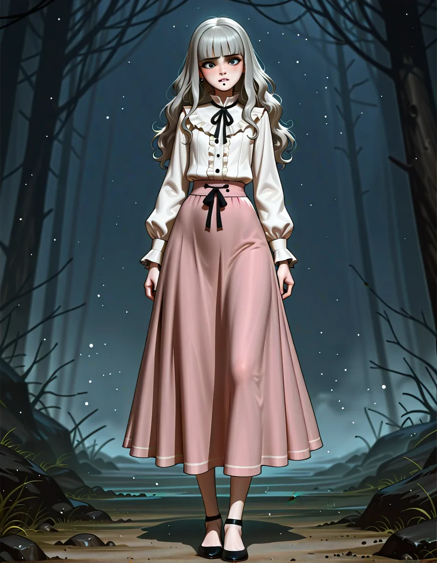 #tarakanovich_artstyle, @marina_(fear_&_hunger), fear_&_hunger, fear_&_hunger_2:_termina, otoko_no_ko, solo, long_hair, grey_hair, blunt_bangs, wavy_hair, mouth_piercing, grey_eyes, white_shirt, frilled_shirt_collar, neck_ribbon, black_ribbon, long_skirt, pink_skirt, standing, full_body, facing_viewer, hentai_studio_quality
