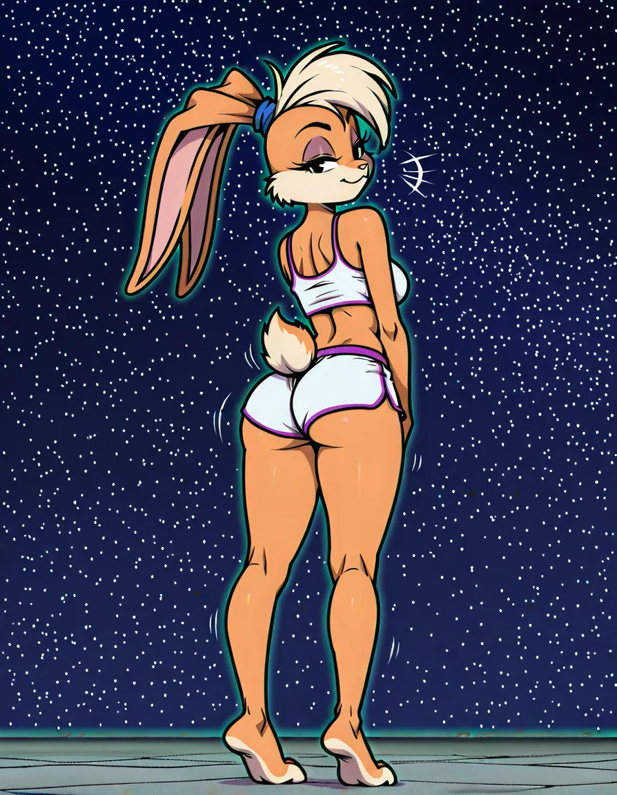#akairiot_artstyle, @lola_bunny, looney_tunes, space_jam, 1girl, furry, furry_female, solo, rabbit_girl, rabbit_ears, rabbit_tail, crop_top, ass, dolphin_shorts, white_shorts, standing, full_body, looking_back, from_behind, hentai_studio_quality