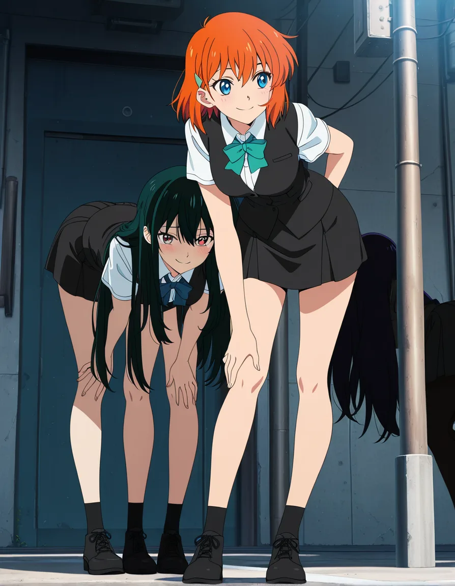ultra detailed shading, 3girls, black skirt, bent over, shy smile, wide shot, vivid anime colors, (anime style:1.3), 2d, anime screencap, cel shading, flat color