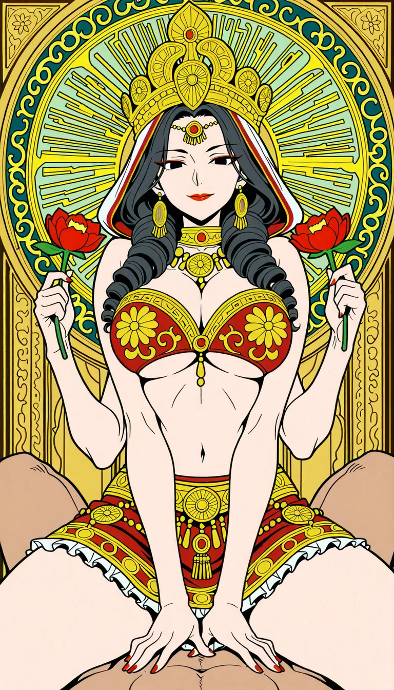 1 Adult Mother Goddess with multiple arms, Beautiful, ethnicity Hindu, Bengali, red lipstick, Accurate Anatomy, symmetrical body structure, Big chest, Thick thighs and arms, thick pelvis, tight fitting bra with intricate patterns and baggy mini skirt with curls and frills, Adorned Heavily in Indian Ornaments, black eyes, POV Sex, Symmetrical Tight Straddling Position, Having sex with viewer, big all around Mukut Crown, devine radiance, Calm and Graceful Expression, confident smile with hooded eyes, flowers around in Symmetrical order, holding flowers, floral necklace, Geometrical Shape flat 2d art style