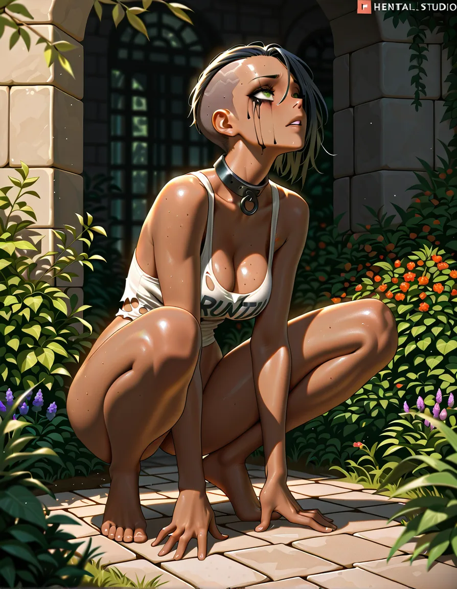 masterpiece, dark-skinned_female, exotic, tank_top, torn_clothes, torn_shirt, bottomless, shaved_head, green_eyes, dark_hair, slave_collar, runny_makeup, barefoot, slave, garden, hentai_studio_quality