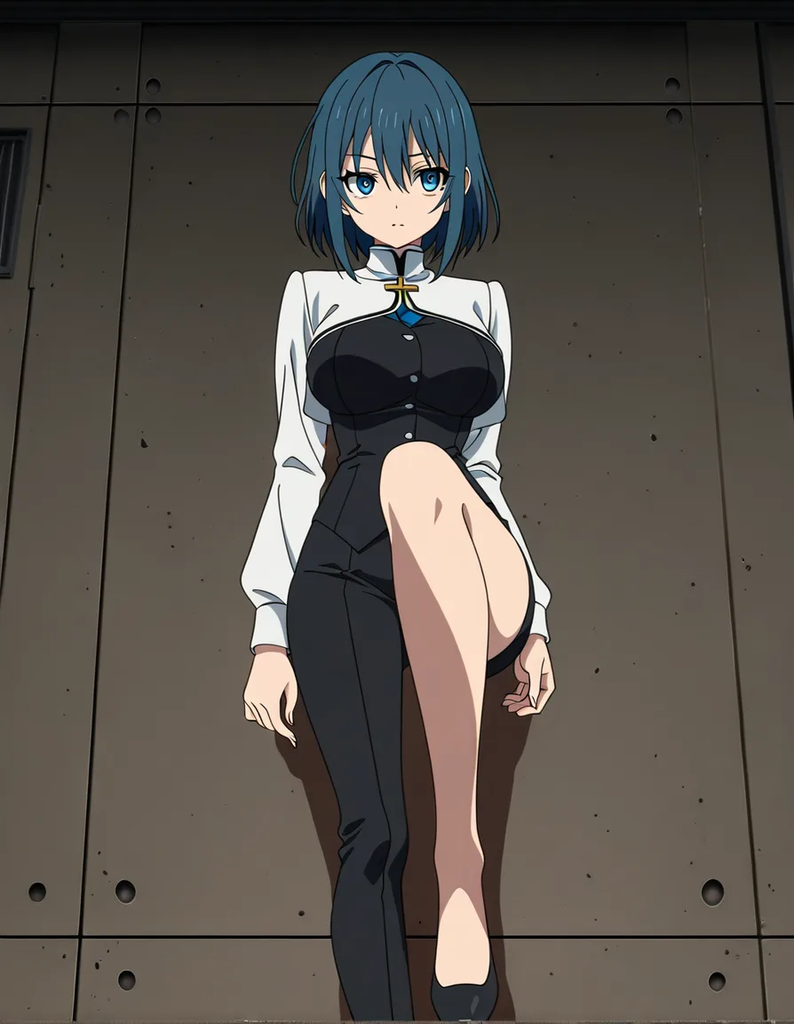 ultra detailed shading, solo focus, large breasts, long sleeves, leg up, confident gaze, visual novel art, (anime style:1.3), 2d, anime screencap, cel shading, flat color, @00osamio00