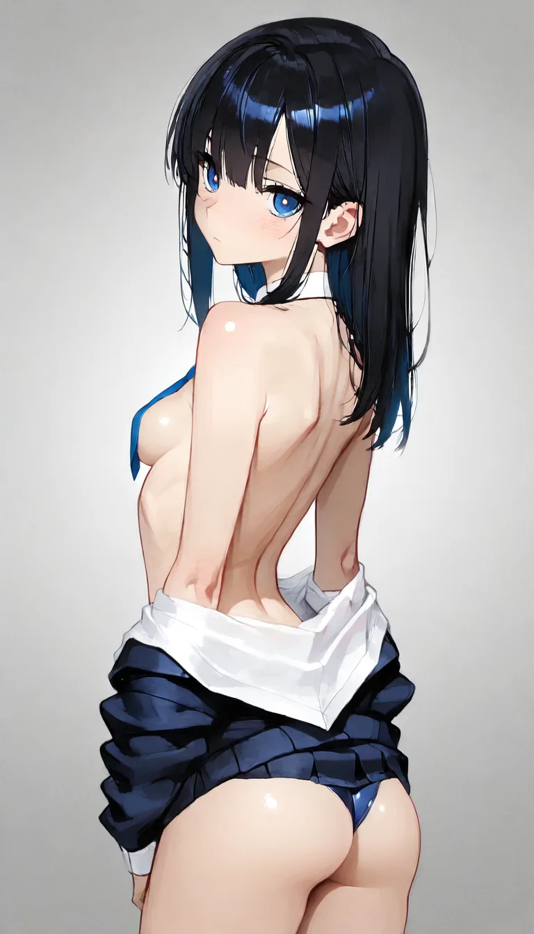 A skinny black_hair 1girl undressing school_uniform Small breasts nice ass blue_eyes