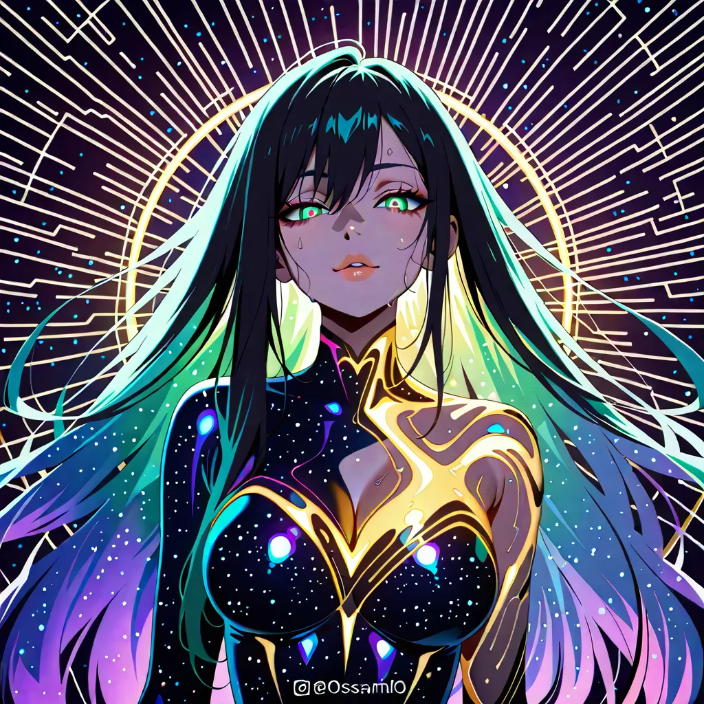 A mesmerizing woman with luminous skin reclines in a swirling cosmic void, her body partially draped in translucent iridescent silk that melts into liquid rainbow fractals. Her eyes are half-closed in ecstasy, lips parted, long hair flowing upward like liquid neon. Intense psychedelic colors — electric magenta, acid green, deep violet, and glowing gold — spiral around her in Mandelbrot-like patterns. Soft volumetric god rays, hyper-detailed skin texture with subtle sweat sheen, ethereal atmosphere, ultra-sharp focus, cinematic lighting, 8k, Instagram-worthy seductive dreamscape., (anime style:1.3), 2d, anime screencap, cel shading, flat color, @00osamio00