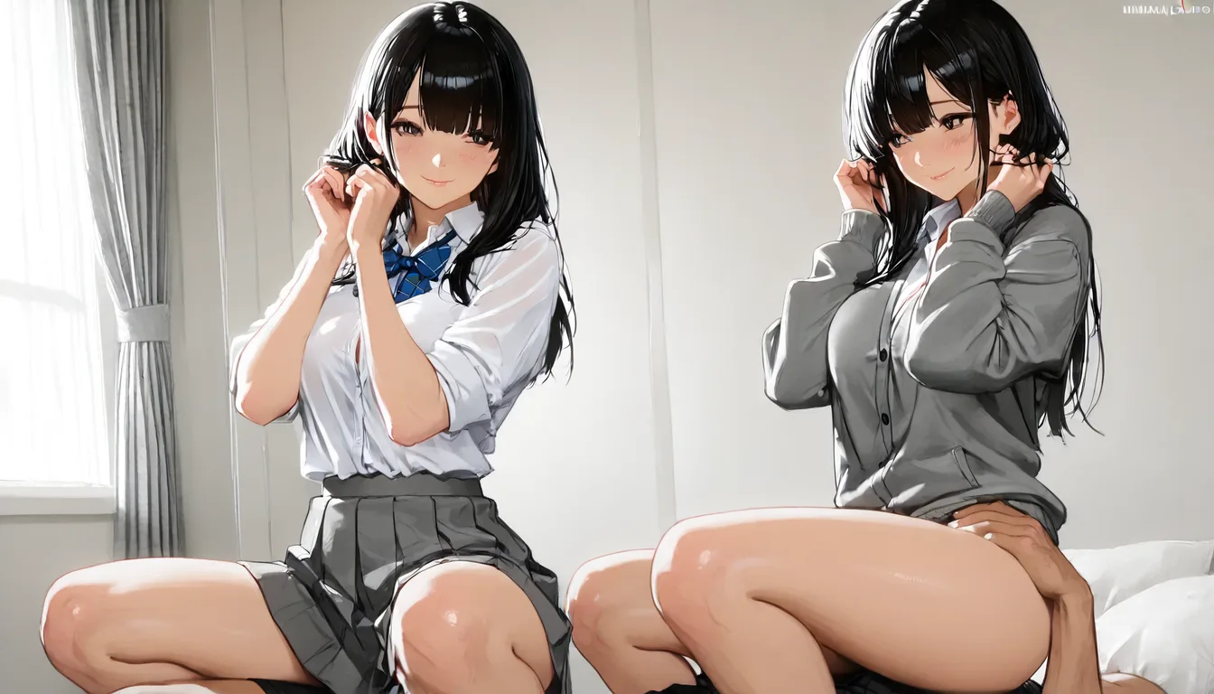 best quality, hyperrealistic, three-quarter view, 2girls, reverse cowgirl, hands up, shy smile, RAW photo