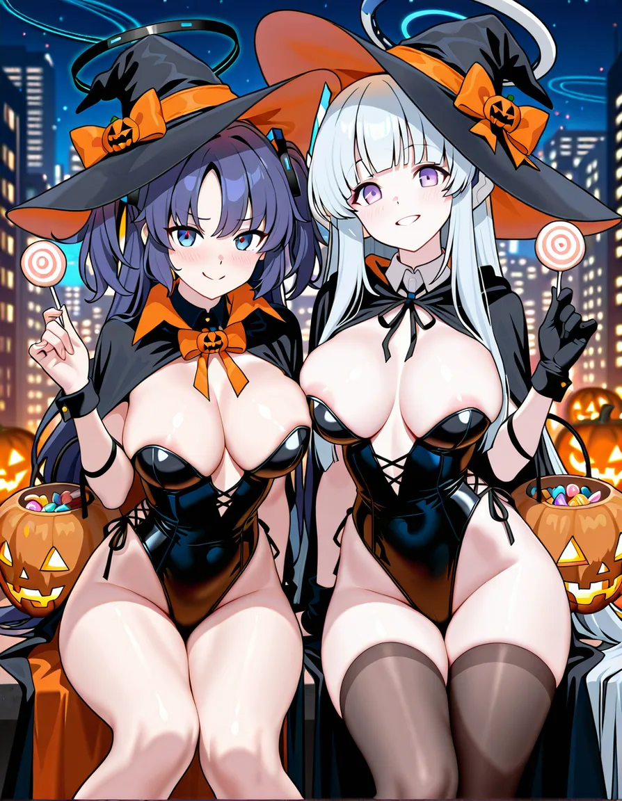 masterpiece, best quality, 2girls, @noa_(blue_archive), @yuuka_(blue_archive), witch costume, areola slip, halloween, city, holding candy, smile, vivid anime colors, hentai_studio_quality