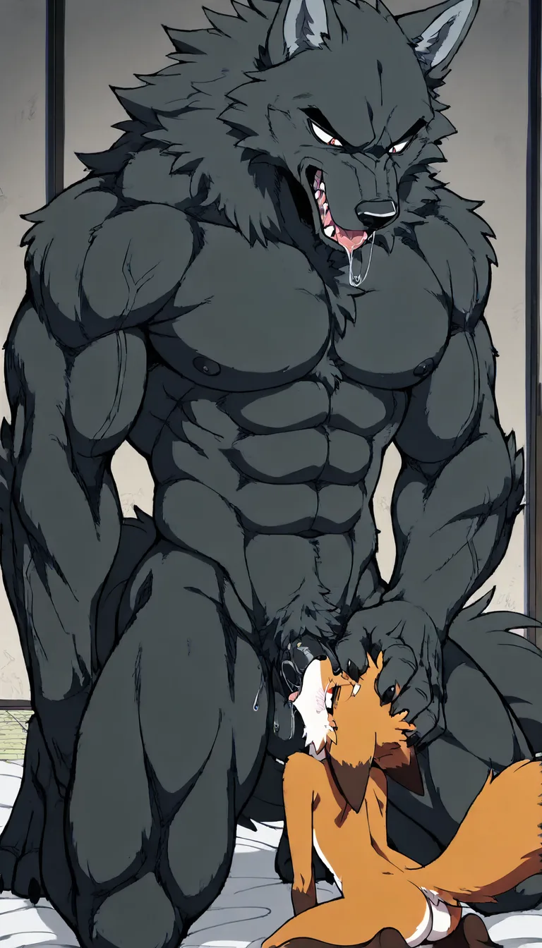 Furry, anthro, gay, male/male, twink red fox kneeling gives deep blowjob to a big black muscular wolf, detailed fur, saliva,