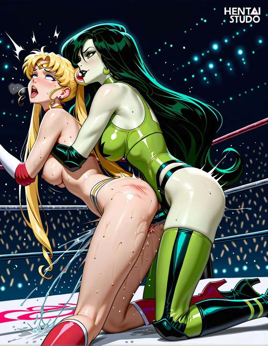 @sailor_moon , shego , 2girls yuri sex , wrestling_ring, wrestling orgasm pussy_juice, defeated,, squirting bruises, ahegao , strap-on, vaginal_object_insertion sex_from_behind, hentai_studio_quality