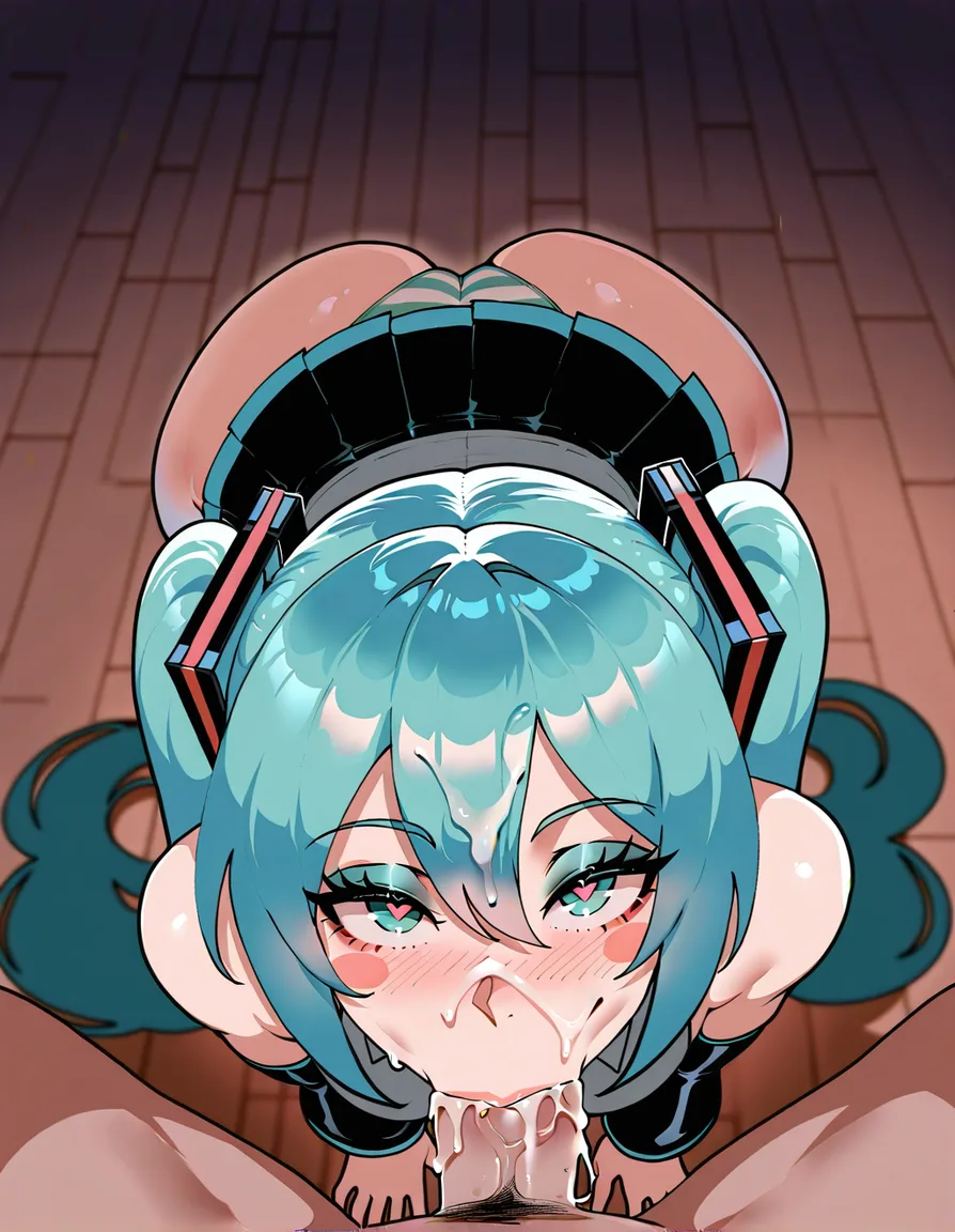 1girl, @hatsune_miku, nyantcha_artstyle, heart-shaped_pupils, blush_stickers, naughty_face, cum, facial, looking_up, looking_at_viewer, eye_contact, fellatio, :>, from_above, pov, hentai_studio_quality