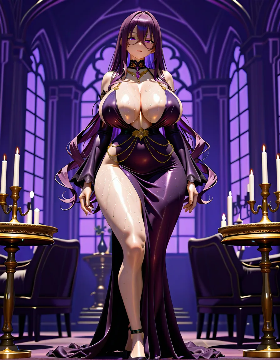 full body portrait 3:4, adult woman long wavy deep purple hair large glowing violet purple eyes, fair flushed sweaty skin, dark purple sheer gown gold chains, extremely large heavy breasts tiny waist wide hips thick thighs, seated at candlelit dinner table with wine grapes, gothic purple room, intense unresolved longing gaze, explicit glossy 2.5D anime erotica, score_9, score_8, 3d render, octane render, subsurface scattering, ray tracing, smooth shading