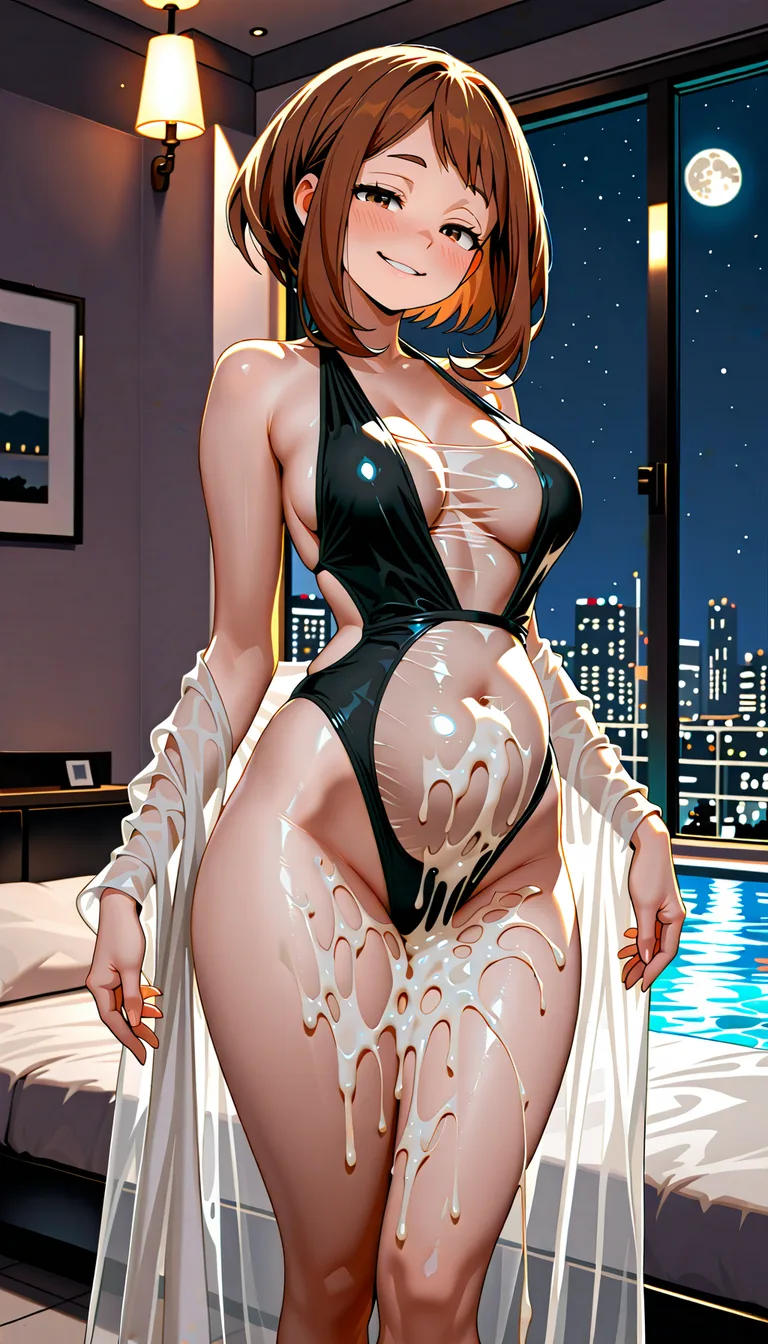 @uraraka_ochaco,18+ , brown_hair , short_hair, perfect body, medium_breasts , (black backless open sides nylon see-through swimsuit: 1.0), volumetric light, night, night moon soft smooth dim light, seductive smile, standing in the bedroom, legs_together, background bedroom with big Panoramic window with pool outside, belly filled with cum, excessive cum in belly , excessive cum in belly, belly see-through body, hentai_studio_quality
