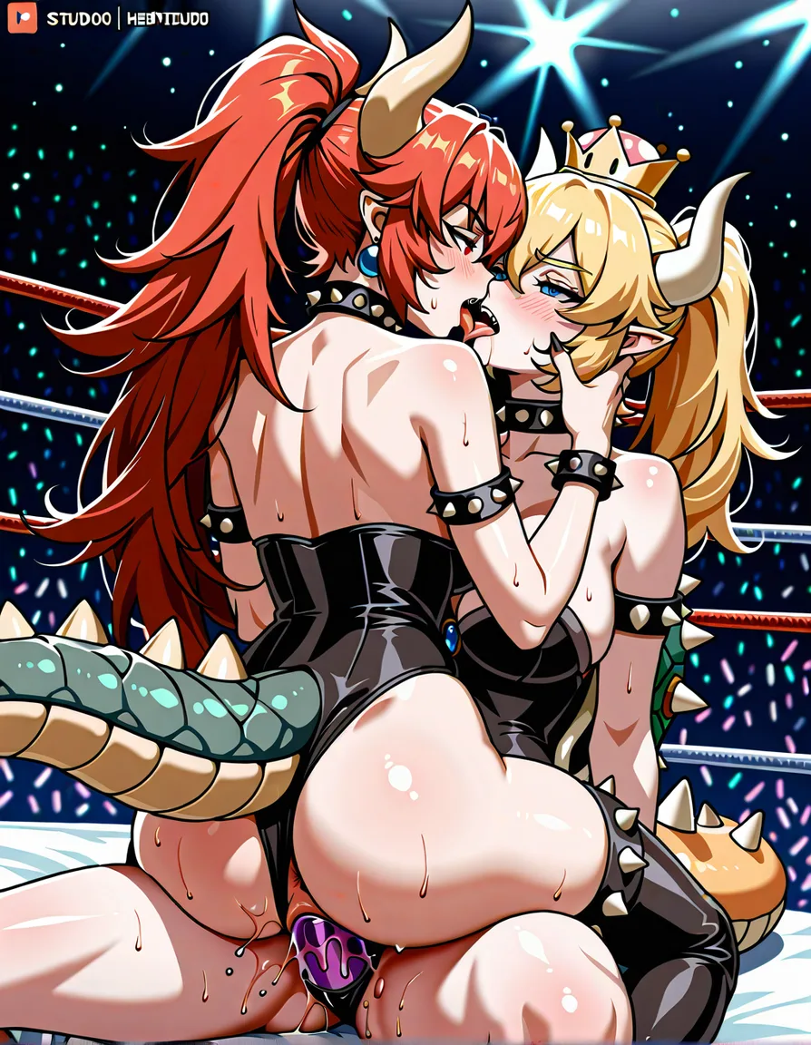 2girls yuri wrestling_ring, zentreya_(vtuber) red_hair dragon_girl , bowsette, french_kiss making_out, pussy_juice girl_on_top, straddling strapon vaginal_object_insertion,, hentai_studio_quality, zentreya-licking-bowsette's-cheek, hentai_studio_quality, hentai_studio_quality