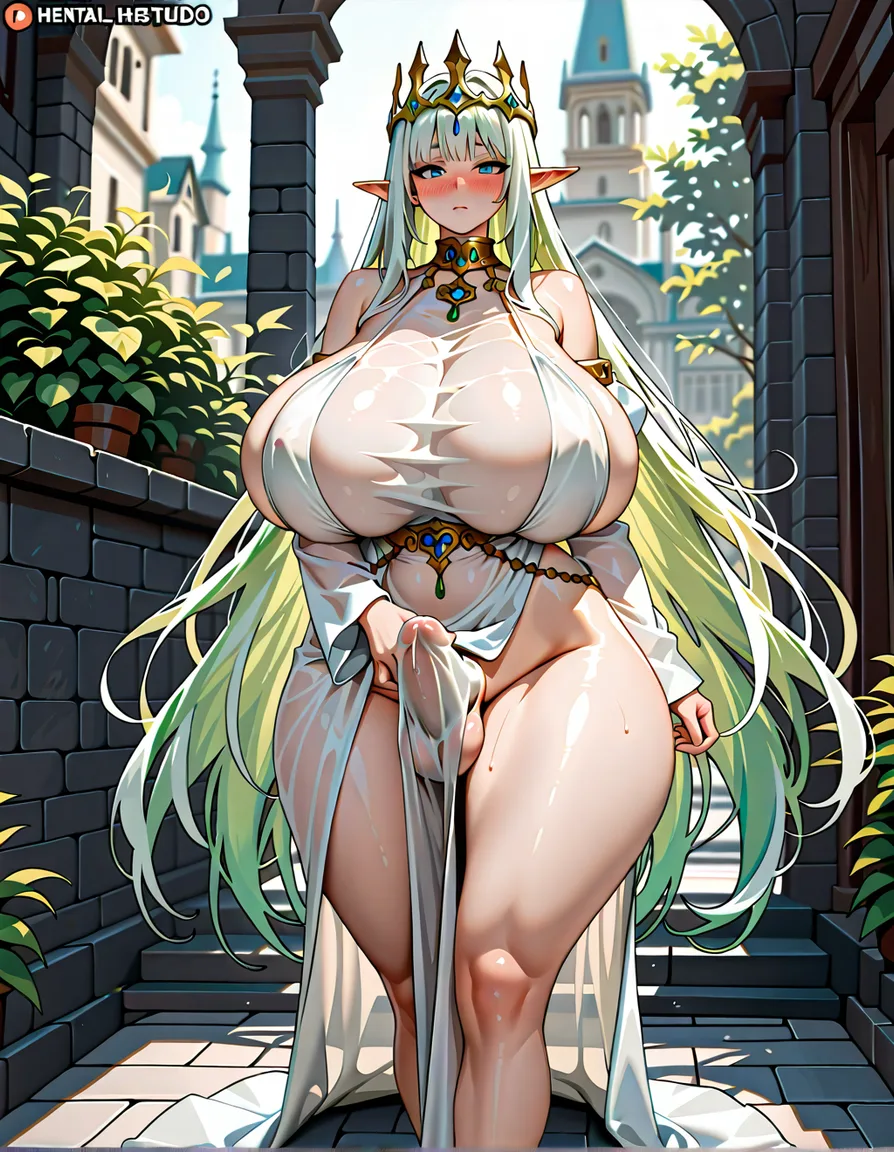 jewelry see-through_shirt ass_visible_through_thighs fantasy Girl. Japanese. white_dress , crown, elf . pointy_ears . White hair, green_hair , gigantic breasts. wide_hips thick_thighs,Sexy., hentai_studio_quality, futanari very_long_hair huge_penis blush, hentai_studio_quality, top-hentai_studio_quality, huge_ass detached_sleeves, public_indecency hentai_studio_quality, precum, full_body, hentai_studio_quality, erection_under_clothes erection masturbation, hentai_studio_quality