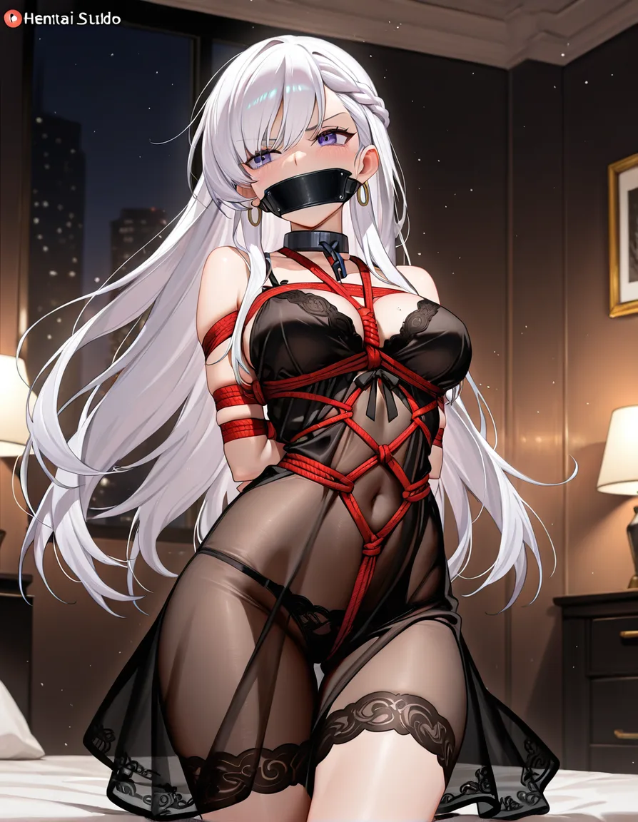 1girl @belfast_(azur_lane) black_nightgown bedroom on_stomach annoyed bondage shibari arms_behind_back gag from_side, hentai_studio_quality