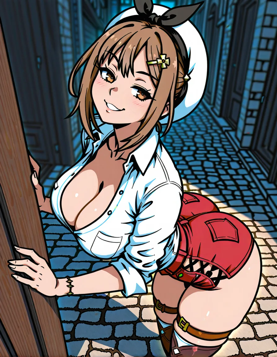 #akairiot_artstyle, @reisalin_stout, 1girl, solo, naughty_face, large_breasts, cleavage, white_shirt, collared_shirt, short_shorts, red_shorts, ass, thigh_strap, thighhighs, full_body, standing, looking_back, from_behind, hentai_studio_quality