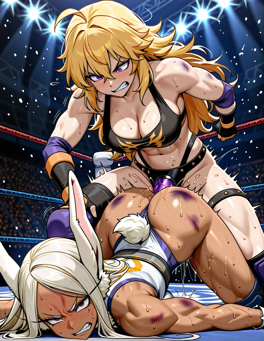 @yang_xiao_long , @mirko , 2girls yuri sex , wrestling_ring, wrestling orgasm pussy_juice, defeated,, squirting bruised, , vaginal_object_insertion strap-on,, pinned, angry, hentai_studio_quality