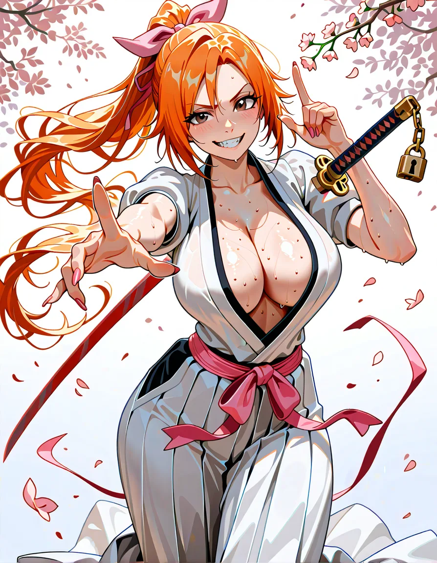 Masterpiece, best quality, ultra-detailed 8K anime illustration of Orihime Inoue from Bleach, 22-year-old stunningly beautiful girl, long flowing bright orange hair with large pink ribbons tied in loose waves, sparkling expressive brown eyes with long lashes, seductive sweet smile showing perfect teeth, flawless glowing skin, extremely curvy sexy body with very large breasts, slim waist, wide hips, thick thighs.
She is standing in a seductive full-body pose, wearing a completely open white school uniform blouse that is almost falling off, both shoulders and large breasts fully exposed, no bra, deep cleavage, the blouse hanging loosely on her arms, her hands in an unusual powerful grip: one hand raised high with fingers spread wide, thumb and index finger forming a large open red Chinese-style padlock symbol (the padlock is open and visible as a big red metal object in her grip), the other hand holding a small glowing pink Shun Shun Rikka sword, fingers in an exaggerated sexy pose with detailed nails.
Bright pink cherry blossom petals flying everywhere around her, dynamic motion, cinematic lighting, soft volumetric light rays, highly detailed skin texture, glossy highlights on sweat and skin, perfect anatomy, no extra fingers, no deformed hands, no extra limbs, no text, no watermark, no box, no milk, no packaging, pure full-body character illustration, white clean background, extremely seductive and erotic atmosphere, ultra-realistic anime style, masterpiece, best quality, 8K resolution, intricate details, vibrant colors, perfect proportions., hentai_studio_quality