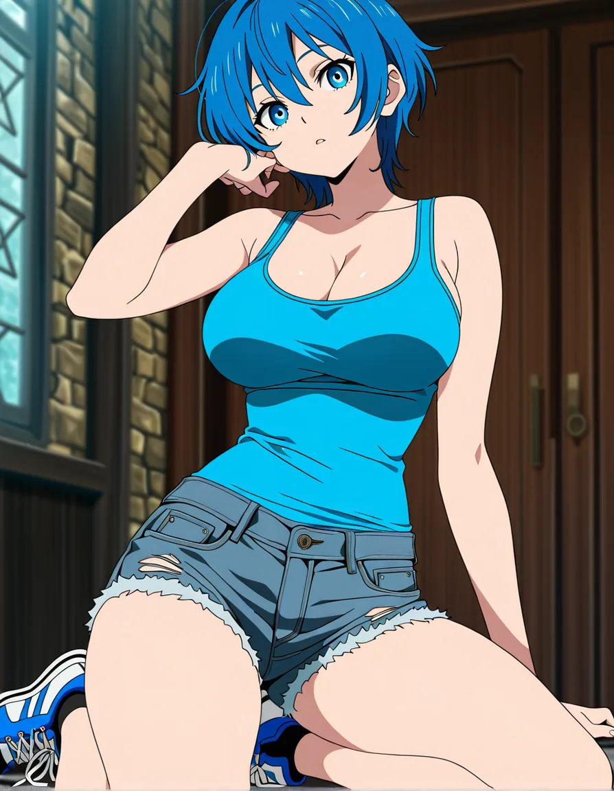 blue_eyes blue_hair short_hair tank_top denim_shorts sneakers curvy thick_thighs cleavage, (anime style:1.3), 2d, anime screencap, cel shading, flat color, @00osamio00