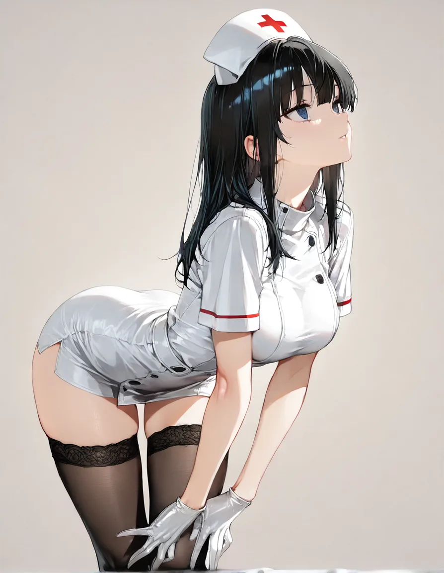 masterpiece, fine detail, nurse, black thighhighs, gloves, bent over, simple background, detailed shading, hentai_studio_quality