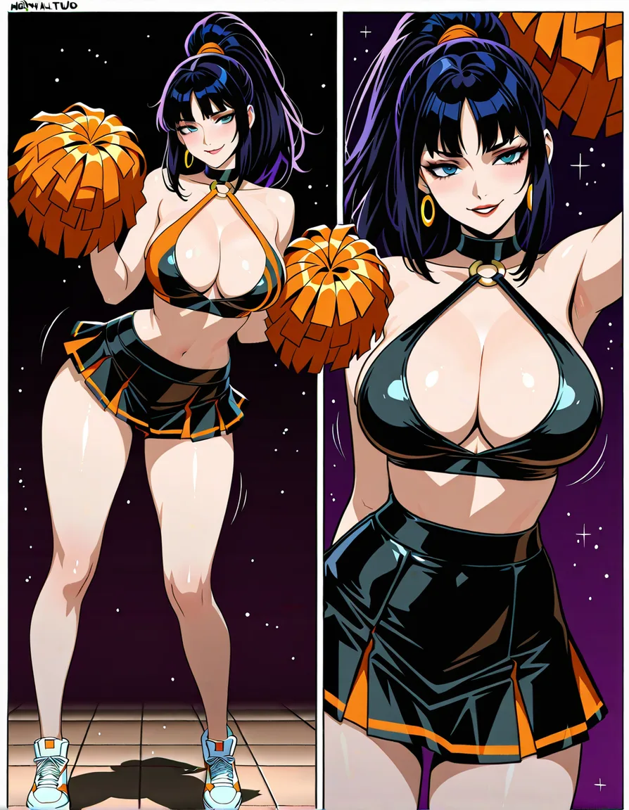 @vampirella style cheerleader in all black outfit with orange accents, dancing at a Halloween party, large breasts, beautiful face, high_ponytail. seductive_smile, black microskirt, black micro halter top, white sneakers, full_body, comic, hentai_studio_quality