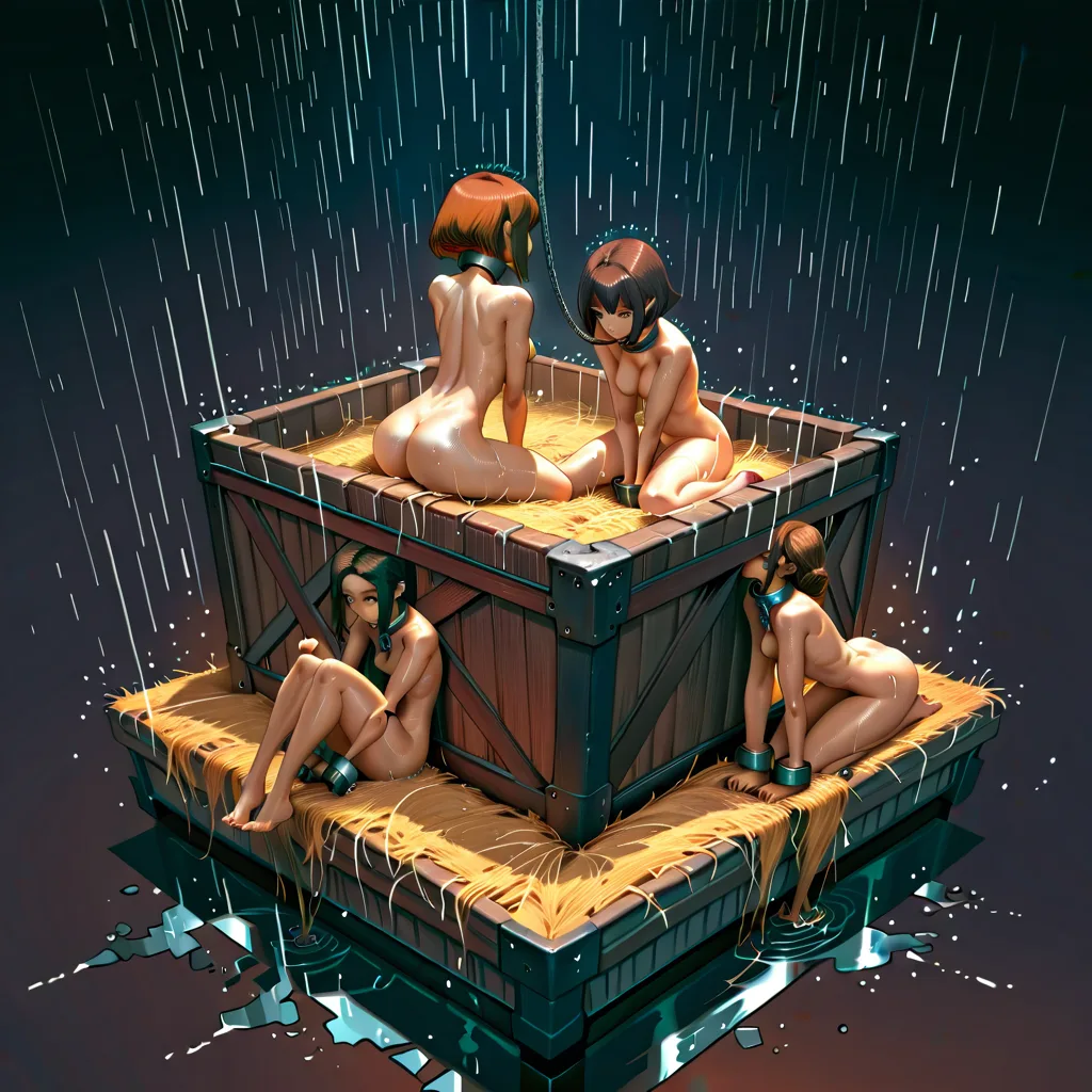isometric view, realistic, zoom_layer, in cutesexyrobutts style, multiple_girls, peasant girls, cute, brown_hair, short_hair, naked, heavy steel slave_collar, steel cuffs, chains, in_container, many girls sitting in cramped wooden crate in a pile of hay, in_container, wet, raining, water puddles, trapped, vivid color, dark, simple_background, hentai_studio_quality