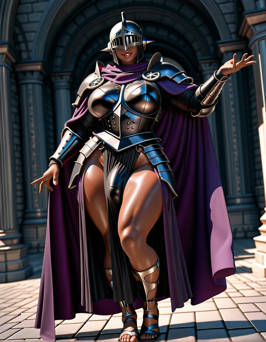 tall dark_skin futanari plump wide_hips licking_lips praetorian guard black metal roman armor segmentata, roman black metal helmet, purple cloak, roman skirt, roman sandals, bulge, score_9, score_8, 3d render, octane render, subsurface scattering, ray tracing, smooth shading