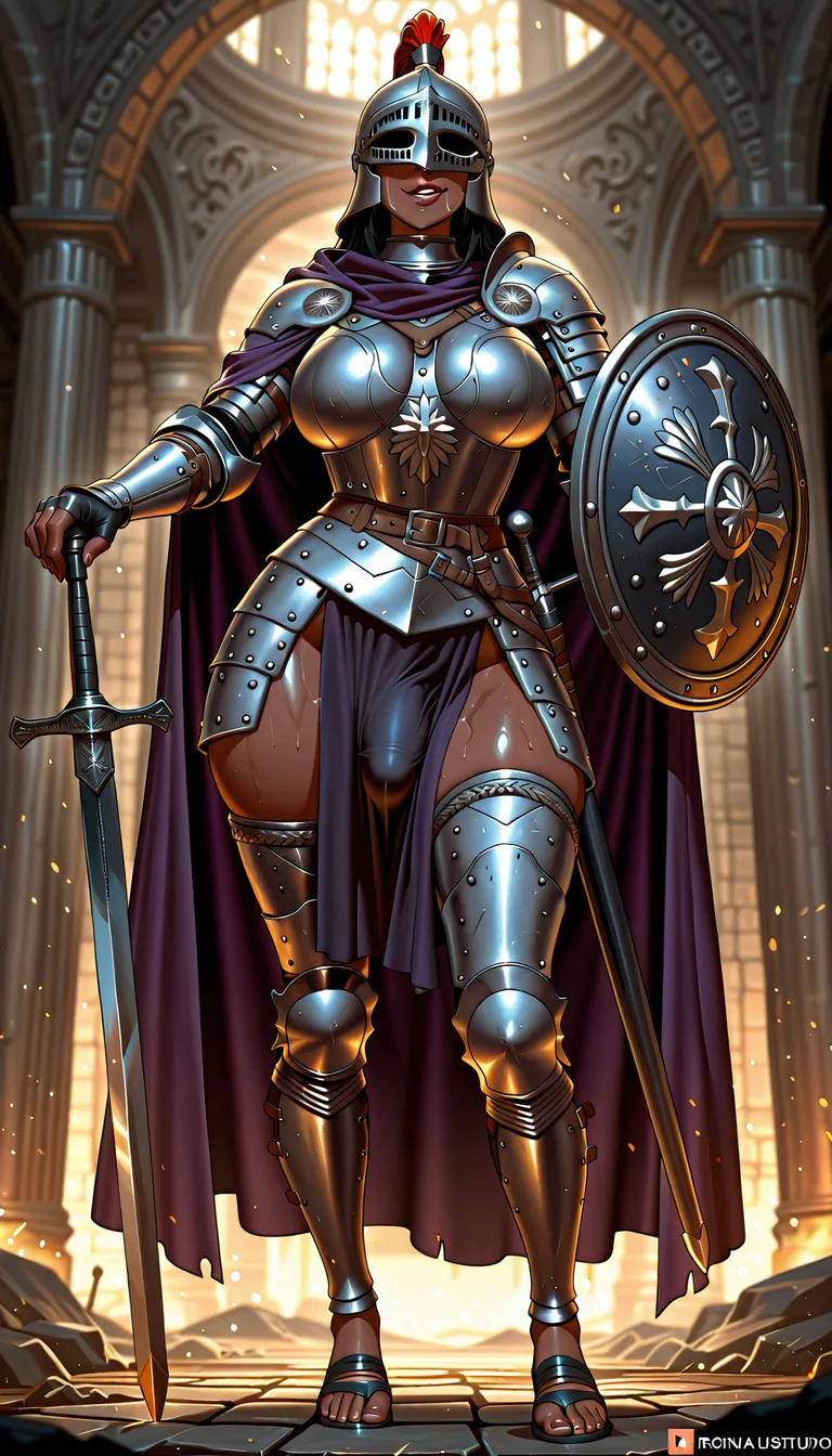 tall dark_skin futanari plump wide_hips licking_lips praetorian guard black metal roman armor segmentata, roman black metal helmet, purple cloak, roman skirt, roman sandals, bulge, gladius roman sword, roman legionary shield, legionary armor, hentai_studio_quality