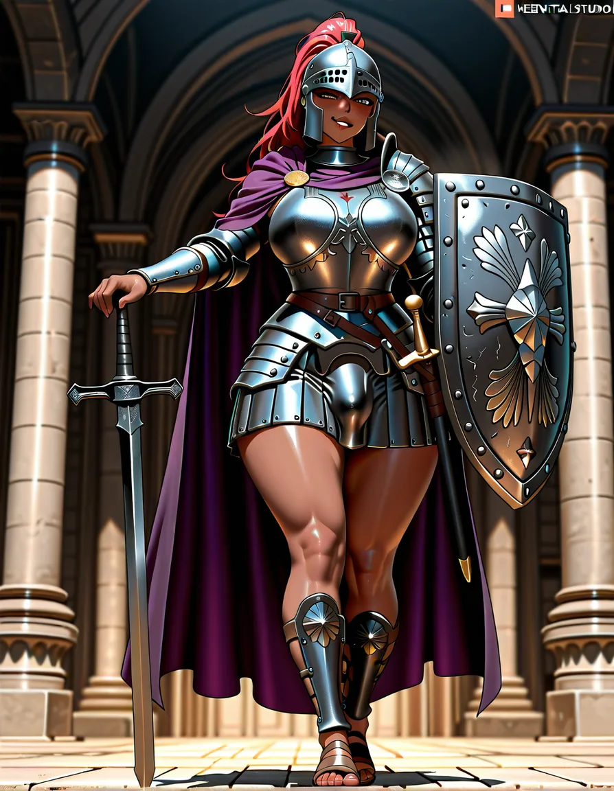 tall dark_skin futanari plump wide_hips licking_lips praetorian guard black metal roman armor segmentata, roman black metal helmet, purple cloak, roman skirt, roman sandals, bulge, gladius roman sword, roman legionary shield, legionary armor, hentai_studio_quality, hentai_studio_quality
