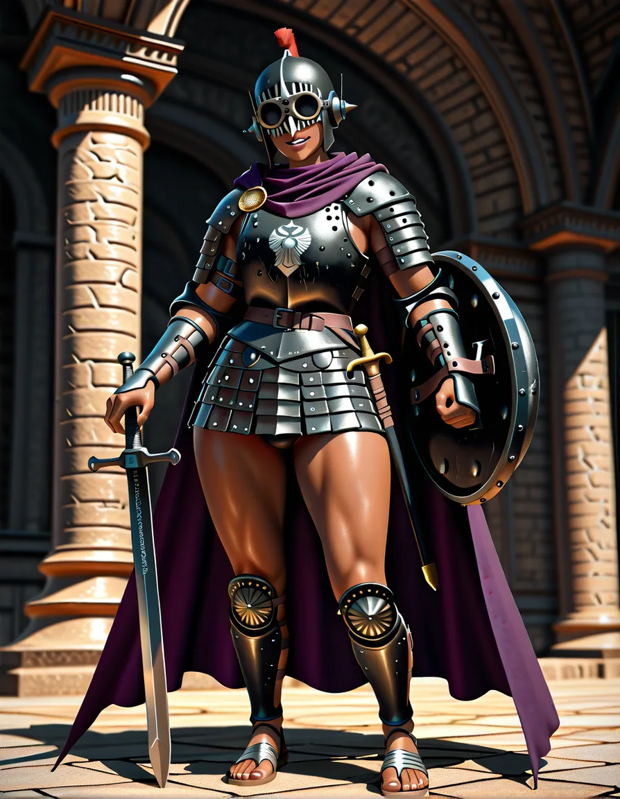 tall otoko_no_ko dark_skin plump wide_hips licking_lips praetorian guard black metal roman armor segmentata, roman black metal helmet, purple cloak, roman skirt, roman sandals, bulge, gladius roman sword, roman legionary shield, legionary armor,, score_9, score_8, 3d render, octane render, subsurface scattering, ray tracing, smooth shading