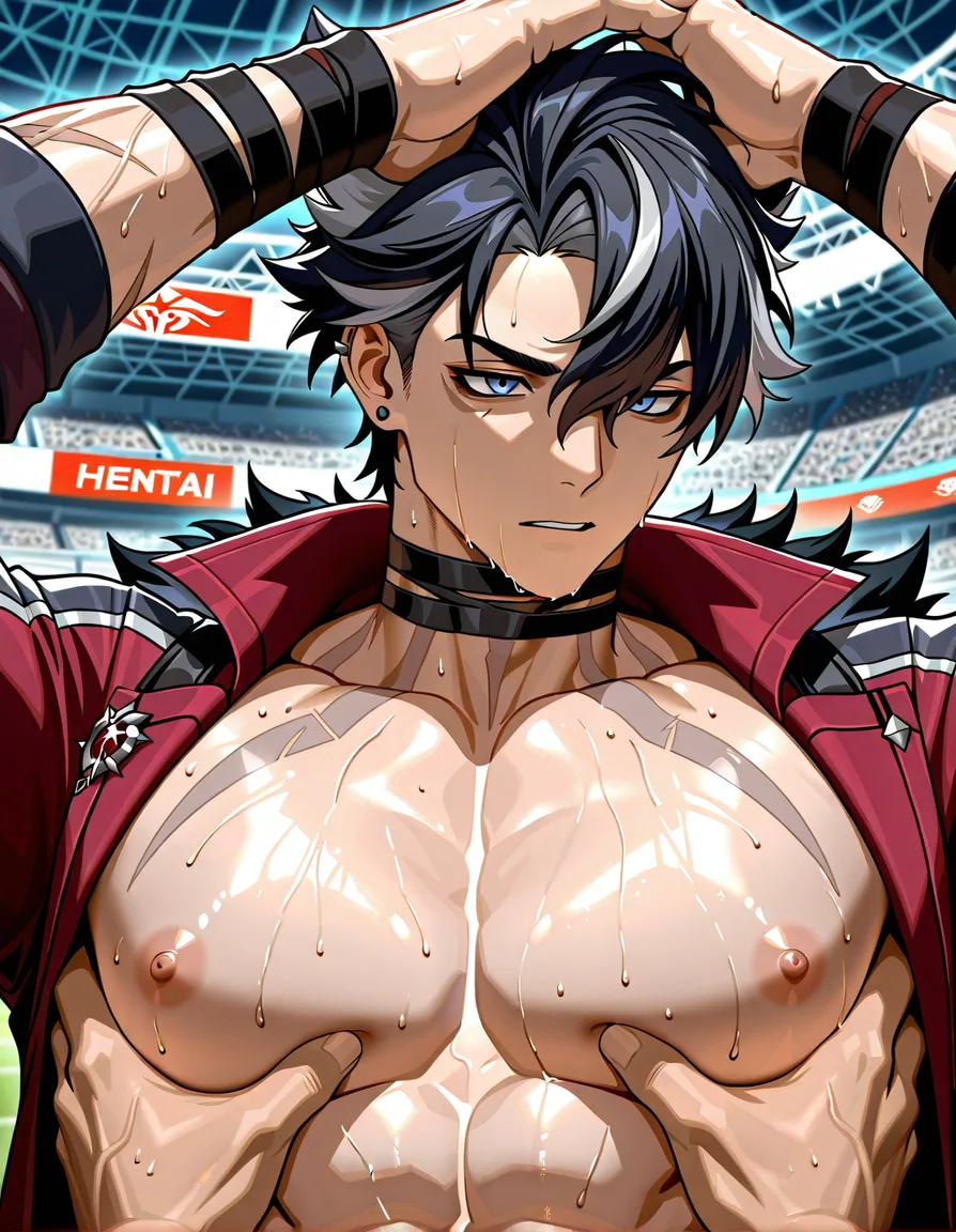 Wriothesley \(Genshin Impact\), official character, black hair with silver streaks, sharp blue eyes, muscular build, red racing jacket open, large pecs being groped by hands, detailed chest muscles, sweaty, stadium, anime, nipples, hentai_studio_quality