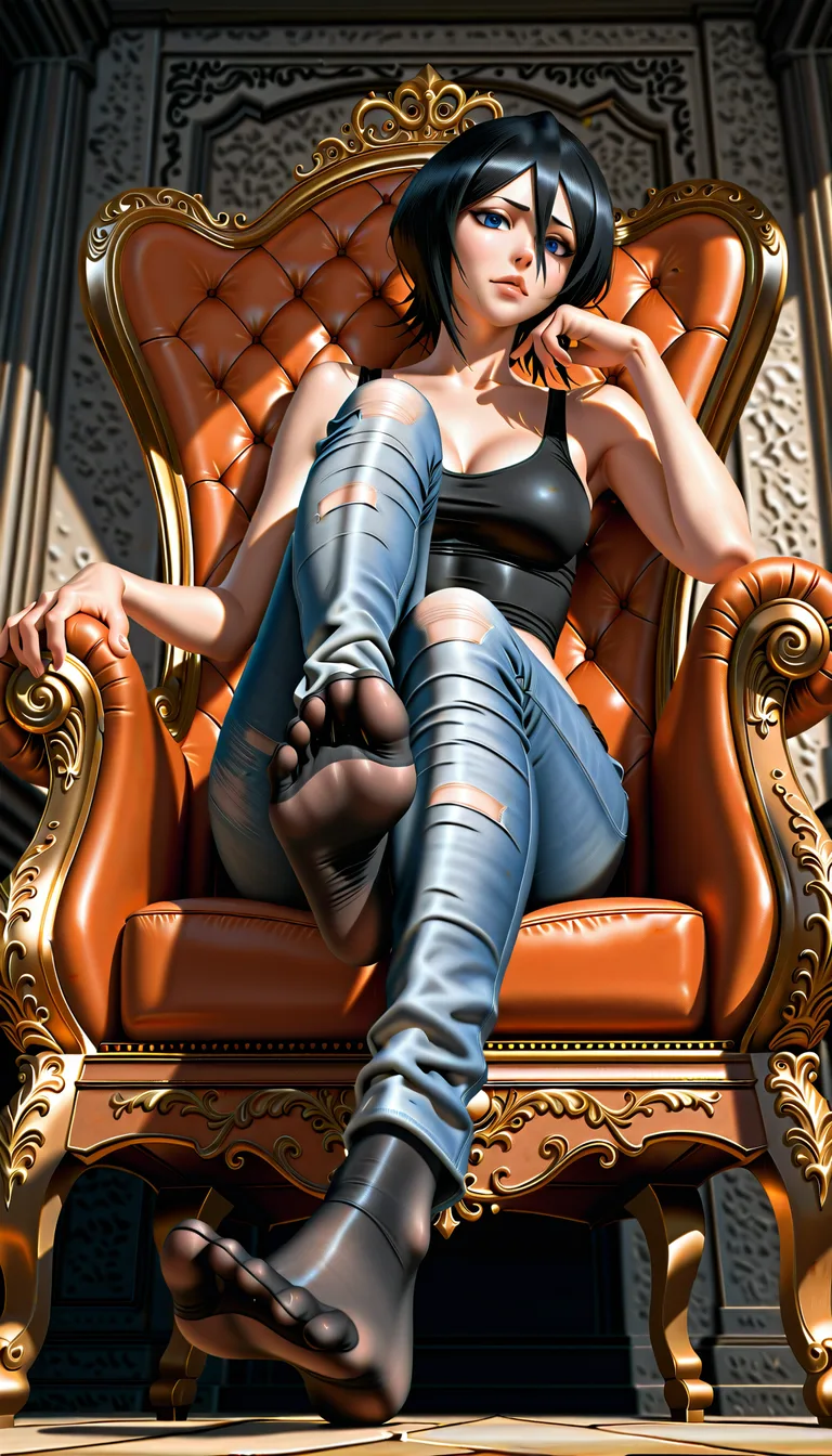 Studio quality, sharp focus , from_below foot_focus , sitting on a Throne @kuchiki_rukia legs_up black_tank_top tight_jeans Black_socks soles , lips , blue_eyes looking_at_viewer , photorealistic, score_9, score_8, candid photo, realistic skin texture, hentai_studio_quality