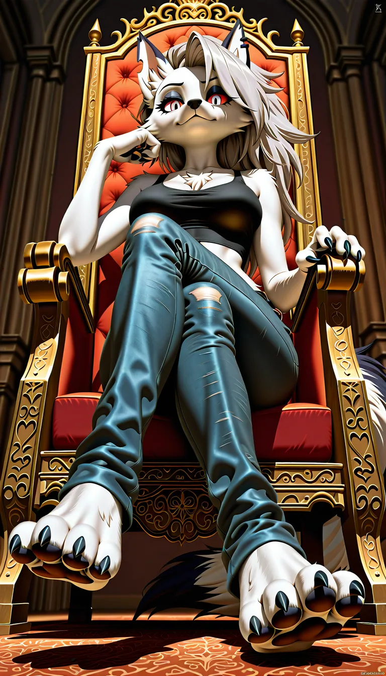 Studio quality, sharp focus , from_below foot_focus , sitting on a Throne @loona_(helluva_boss) furry_female body_fur tail paws black_tank_top tight_jeans , crossed_legs , looking_at_viewer , photorealistic, score_9, score_8, candid photo , realistic skin texture, (anime style:1.3), 2d, anime screencap, cel shading, flat color
