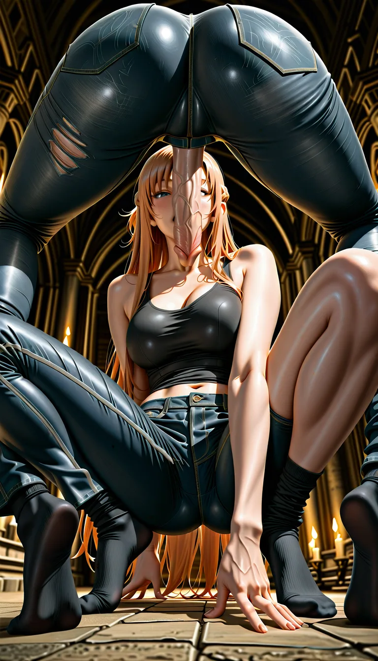 Studio quality, sharp focus , from_below foot_focus , in a castle squatting @asuna_(sao) black_tank_top tight_jeans socks soles , giving a Blowjob to a Orc Huge_veiny_penis , looking_at_viewer , photorealistic, score_9, score_8, candid photo , realistic skin texture, hentai_studio_quality
