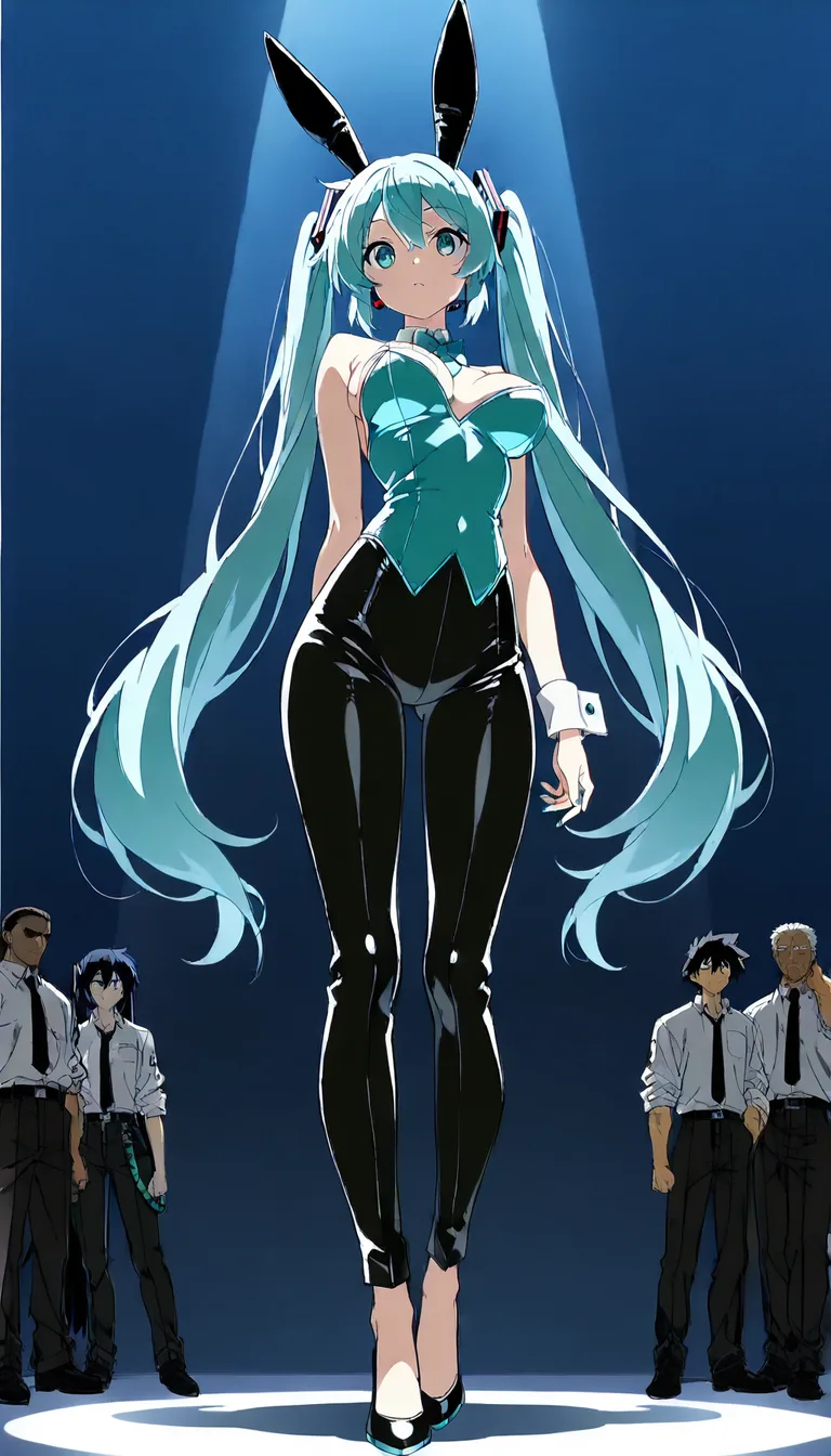 RAW photo, ultra realistic, bunny girl, dark-skinned male, pants, bouncing breasts, blue sky, full body, spotlight @hatsune_miku