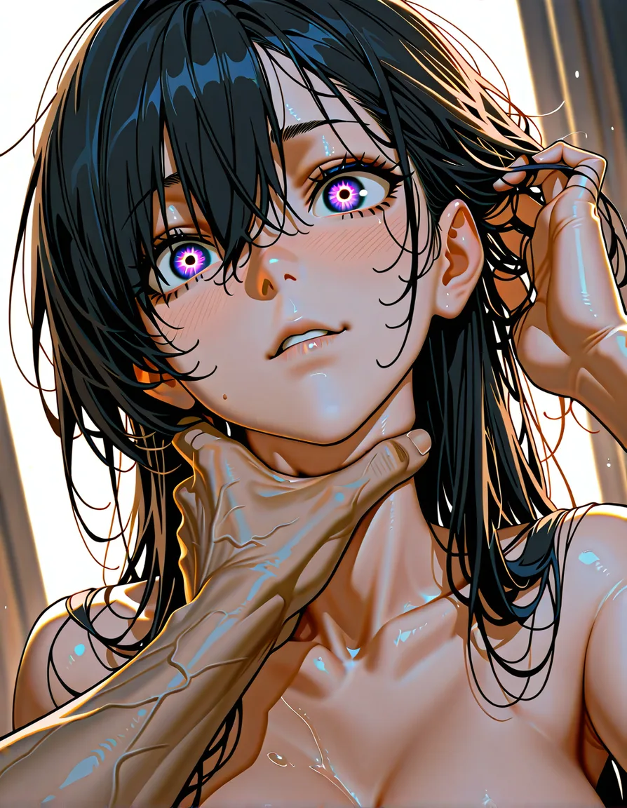 He takes control here. Faster, harder, hand in her hair, mouth on her neck and shoulder. Her composure cracks for the first time — she gets loud, she swears, her chakra seal glows faintly under her skin. Build to both of them finishing. Make the climax messy and physical, not elegant. make a comic, hentai_studio_quality
