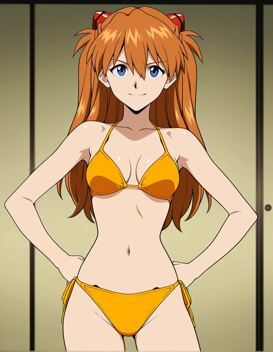 @souryuu_asuka_langley, yellow_bikini, smile, standing, hands_on_own_hips, (anime style:1.3), 2d, anime screencap, cel shading, flat color