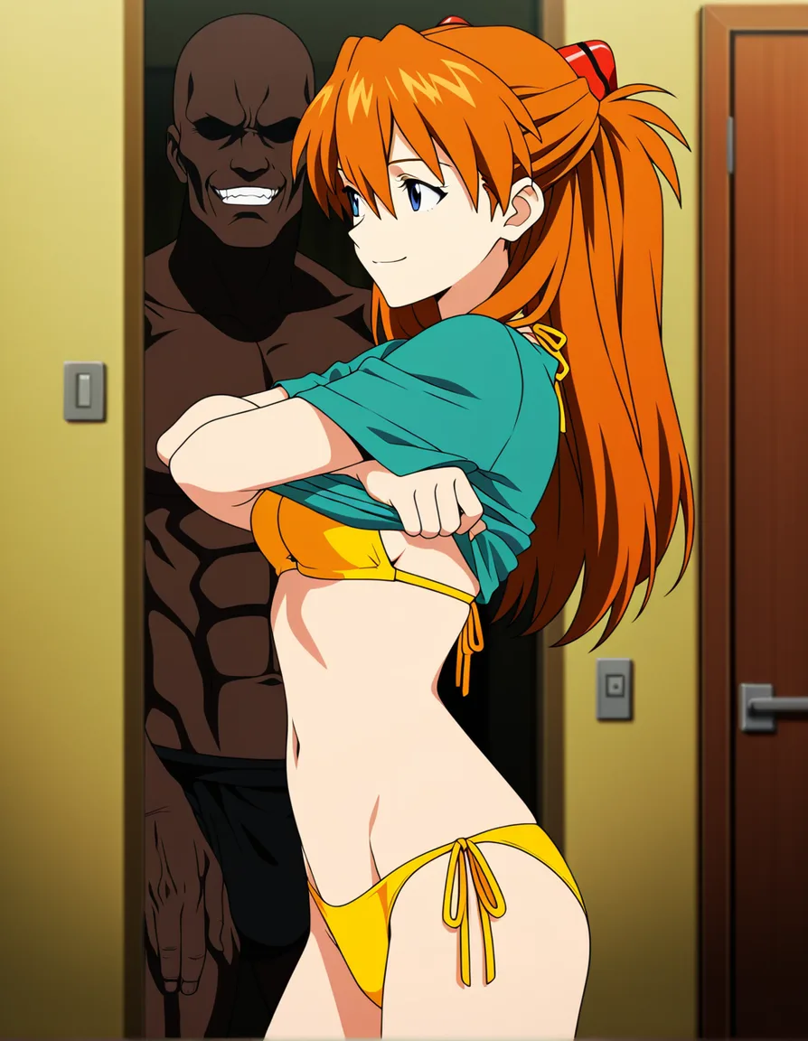 @souryuu_asuka_langley, yellow_bikini, standing, smile, interracial, undressing, (anime style:1.3), 2d, anime screencap, cel shading, flat color