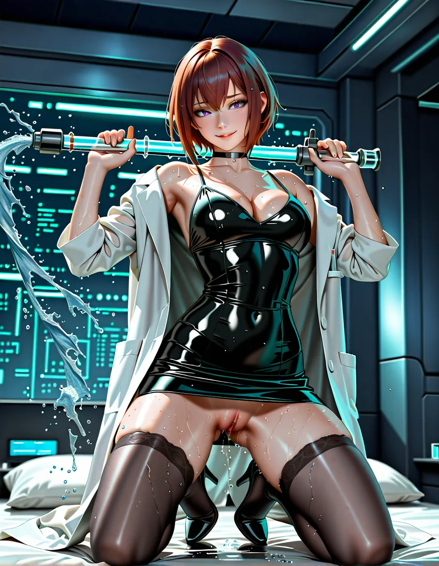 ultra HD, lifelike, miniskirt hands up, office wear, kneeling on bed, over the shoulder, rim light_smile, wet pussy, photorealistic, water, cinematic realistic, full_body, @makise_kurisu, science_fiction, lab_coat, black_dress, thighhighs, choker, black_footwear, long_skirt, short_hair, clitoris_stimulation, orgasm, male_focus, hentai_studio_quality