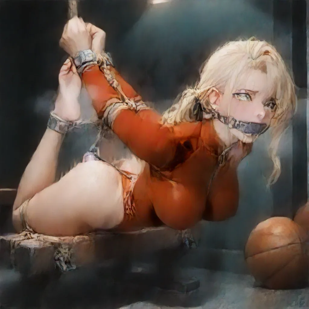 Modern anime style, mature_female, blonde_hair, high_ponytail, green_eyes, wearing crimson_leotard_with_long_sleeves, silver_ankle_bracelet_with_black_diamonds, feared_expression BREAK lockerroom_background, hogtied to bench, ball_gagged, hentai_studio_quality