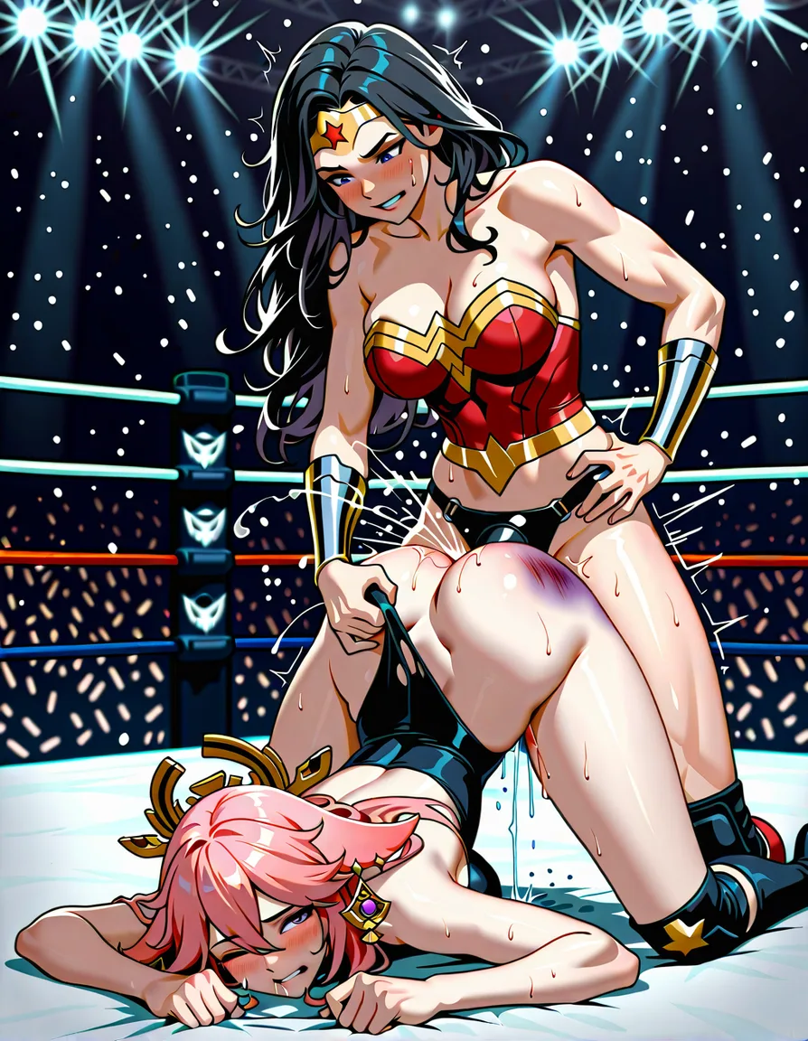 2girls , Best_quality, ultra_detailed, wonder_woman , @yae_miko , yuri sex ,wrestling_ring wrestling defeated, pussy_juice squirting orgasm , strap-on vaginal,, bruised wince, torn_clothes, all_fours, hentai_studio_quality, hentai_studio_quality