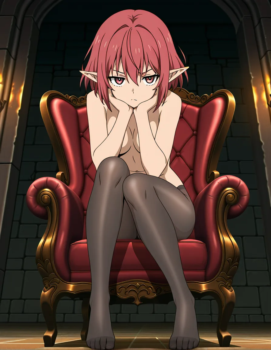 masterpiece, best quality, solo focus, pointy ears, short hair, pantyhose, sitting on chair, fully nude, highly detailed anime, (anime style:1.3), 2d, anime screencap, cel shading, flat color, hentai_studio_quality