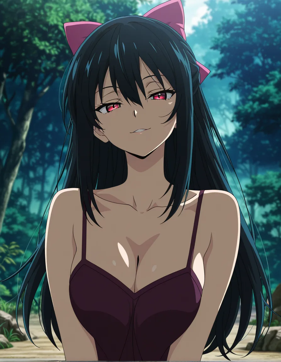 highly detailed, sharp, 1girl, collarbone, bow, presenting, outdoors, seductive look, doujin style, (anime style:1.3), 2d, anime screencap, cel shading, flat color