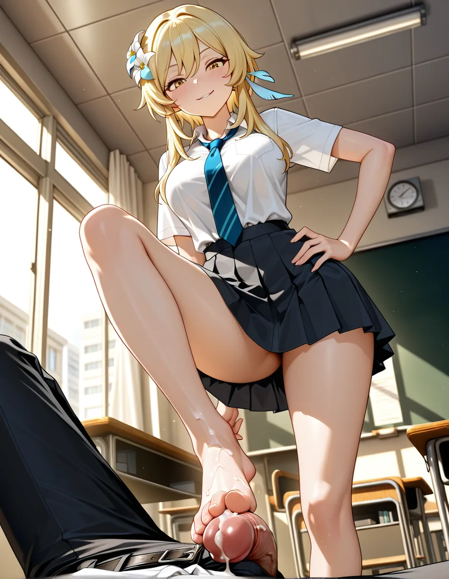 lumine, footjob, cum, seductive_smile, classroom, school_uniform , standing, hand_on_own_hip, stepping on penis, hentai_studio_quality