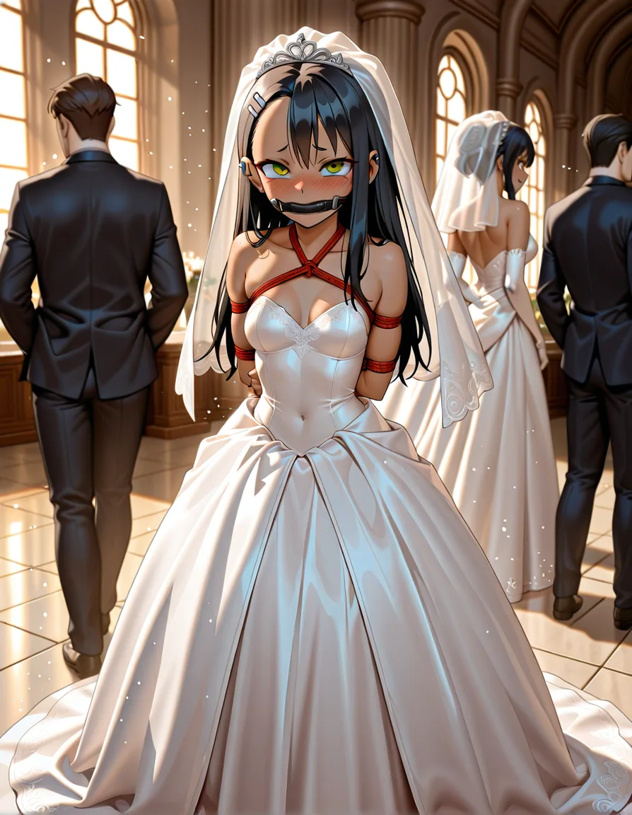 /best_quality /highres /ultra_detailed @nagatoro_hayase  #wedding_dress #bridal_veil #embarrassed #public_indecency #bondage #gagged, hentai_studio_quality