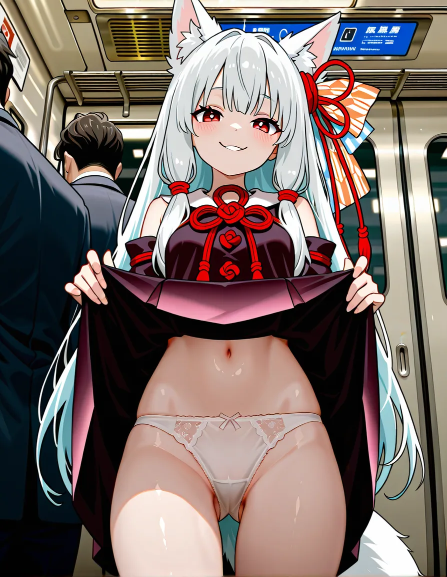 flat, teasing, playful, cute, kotonoha_yukino, vtuber, yukinoch, petite white_hair fox_girl , 6 pannel comic, meeting stranger on train, flashing panties, hentai_studio_quality