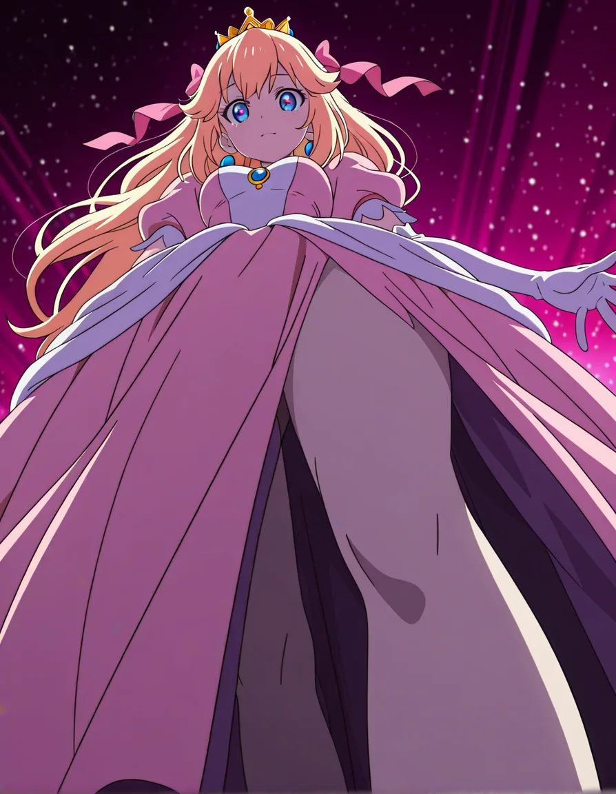 highly detailed, sharp, princess, ribbon, presenting, dreamy atmosphere, low angle, detailed shading, (anime style:1.3), 2d, anime screencap, cel shading, flat color, @00osamio00