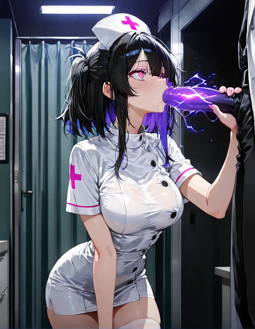 highres, vivid, nurse, japanese clothes, blowjob, wild energy, three-quarter view, eroge aesthetic, hentai_studio_quality